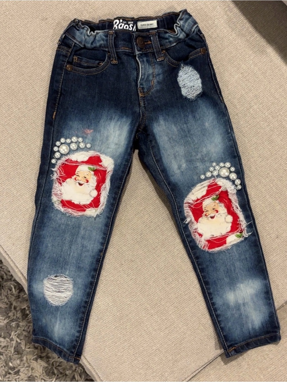 OshKosh B'gosh Dark Blue Skinny Jeans with Santa Patch & Pearl Embellishments
